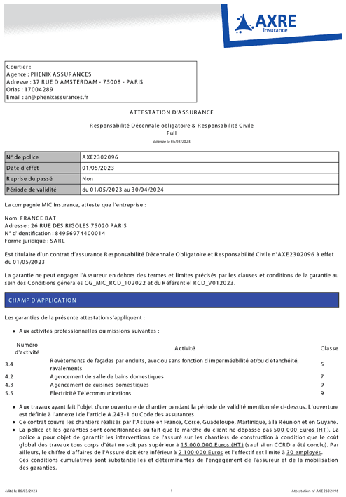 France Bat - Attestation-Assurance